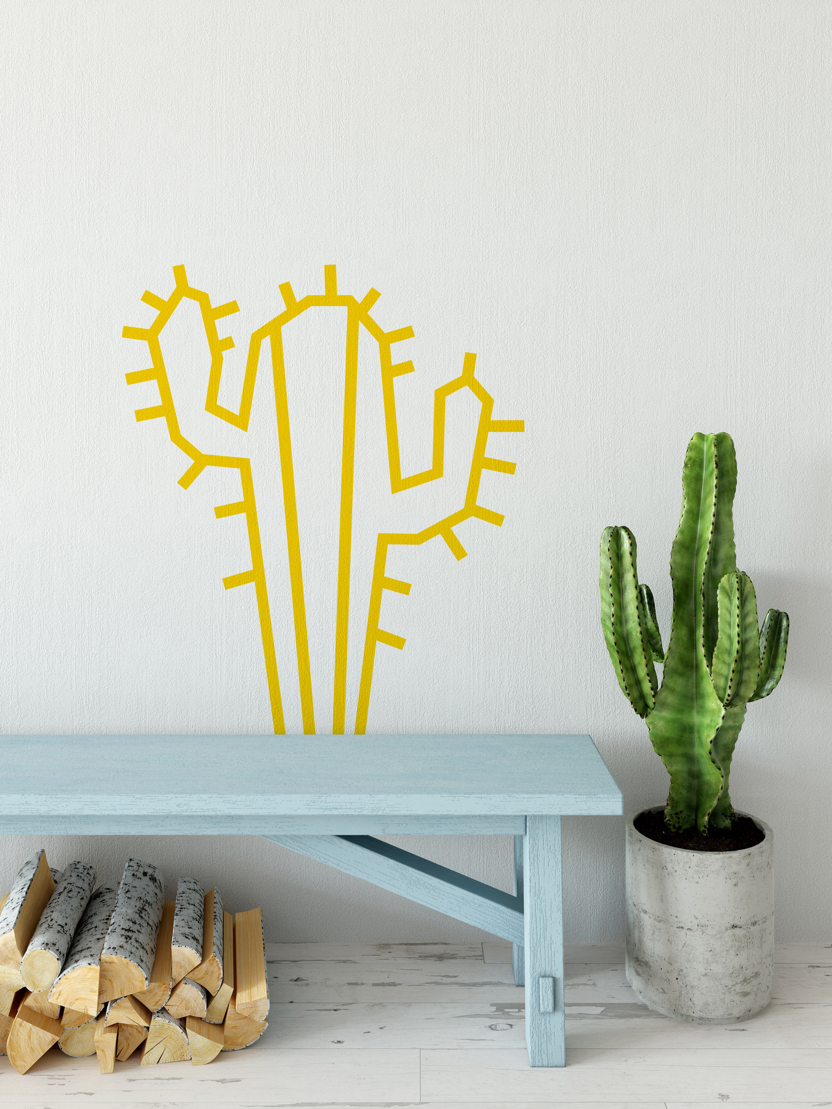 Deco DIY murale en masking tape cactus jaune maison salon