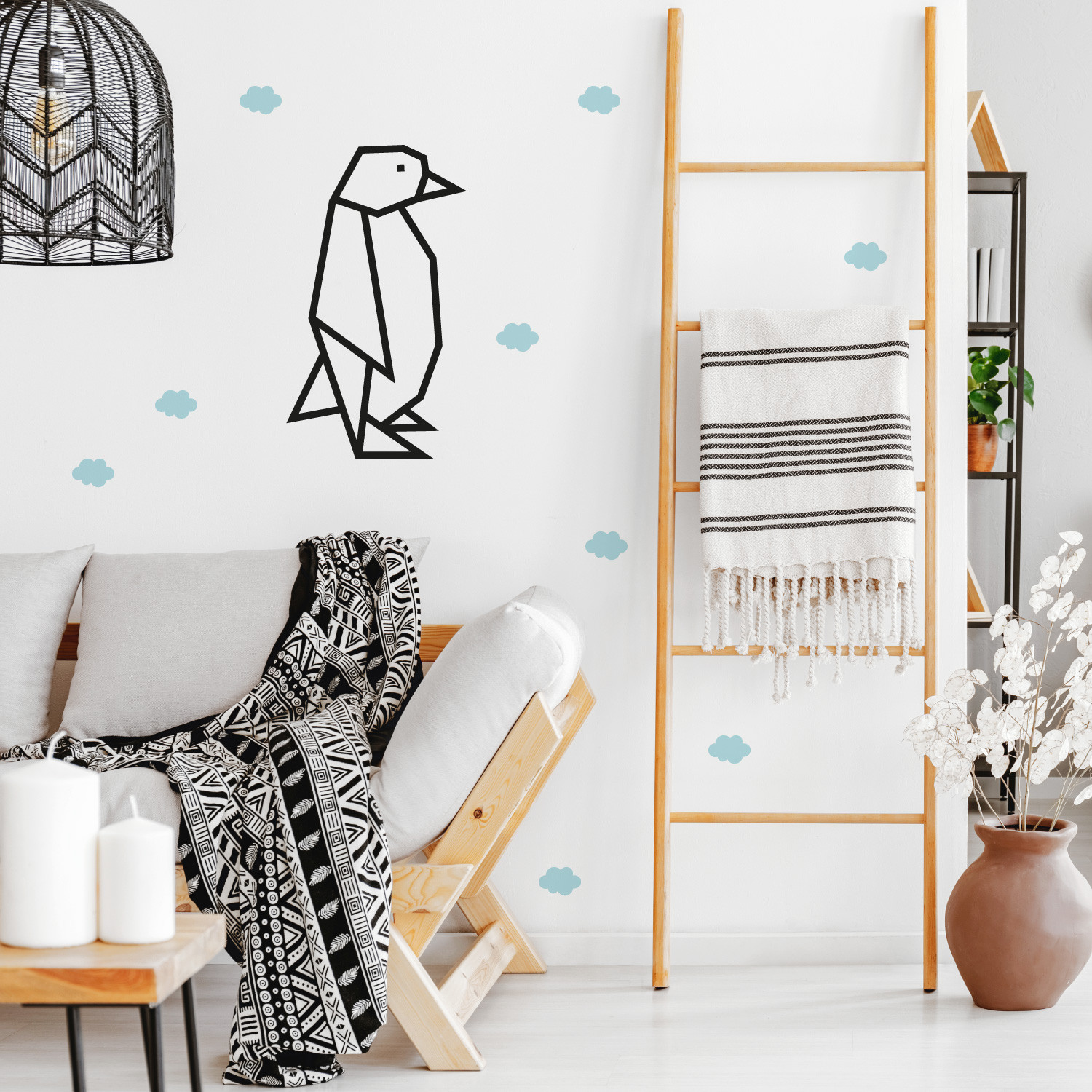 Déco mur DIY masking tape pingouin noir