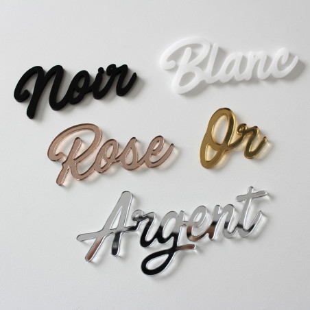 Couleur plexi cake topper personnalisé MilieO : noir, blanc, miroir or, miroir argent, miroir rose